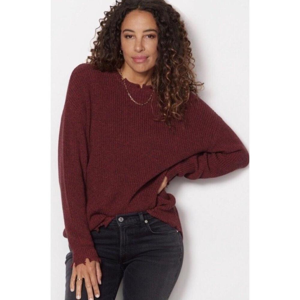 Rib Knit Frayed Edge Sweater Pistola Distressed Size S Cherry Red Casual Chic